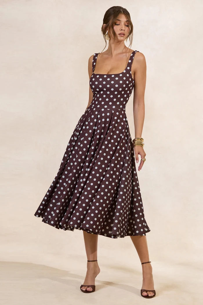Espresso Polka Dot Crepe A-Line Square Neck Scoop Back Midi Dress Front View - Aabei Dress