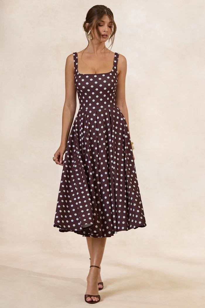 Espresso Polka Dot Crepe A-Line Square Neck Scoop Back Midi Dress - Aabei Dress