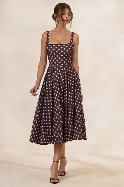 Espresso Polka Dot Crepe A-Line Square Neck Scoop Back Midi Dress - Aabei Dress