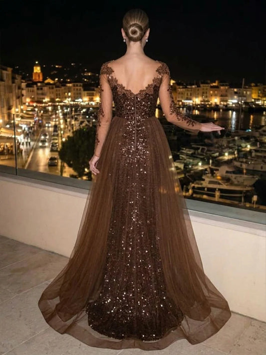 Espresso Sequin and Tulle Mermaid Illusion Neck Floor Length Dress Back View - Aabei Dress