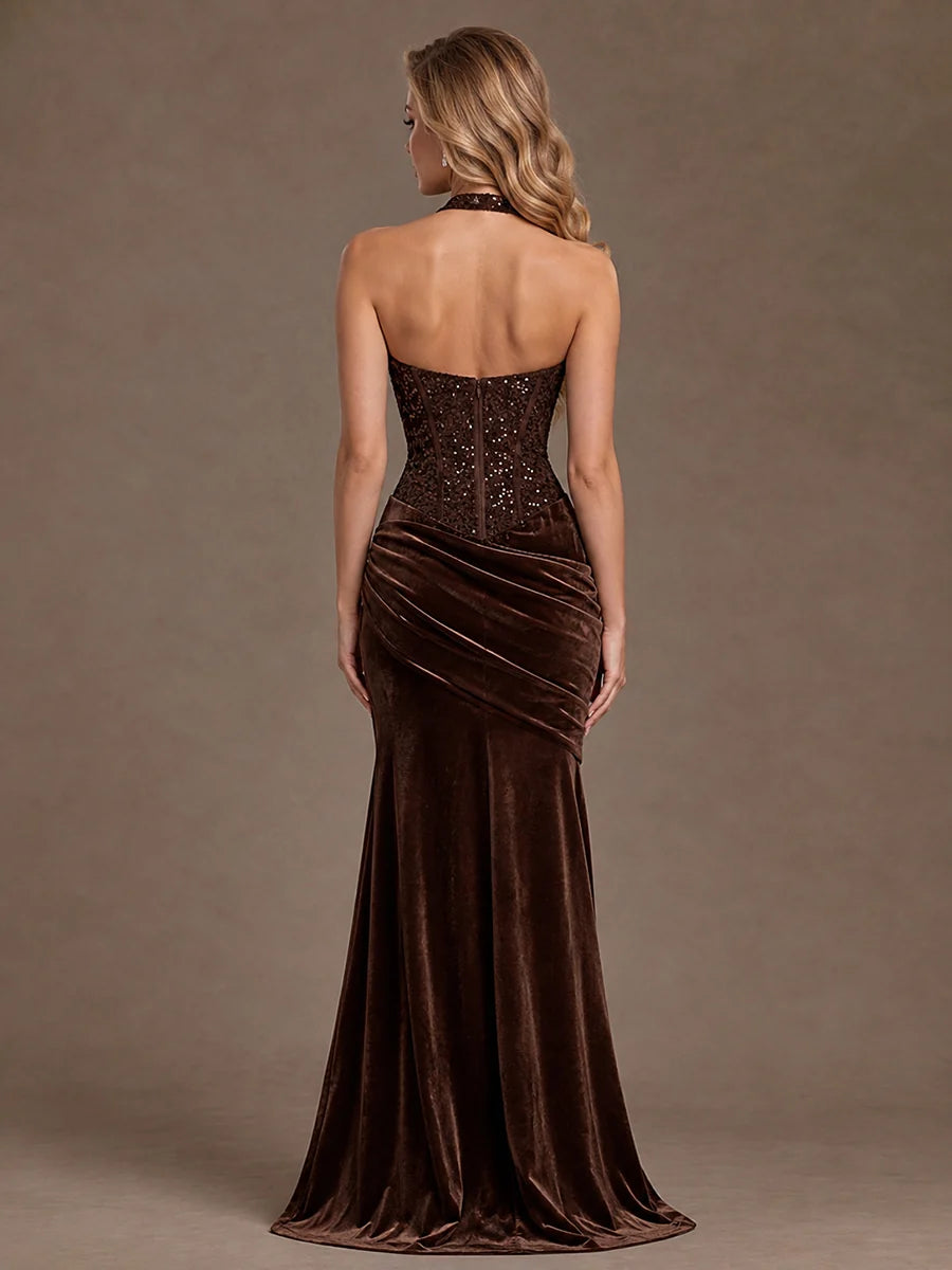 Espresso Sequin and Velvet mermaid halter zipper-back floor-length Dress Back View - Aabei Dress