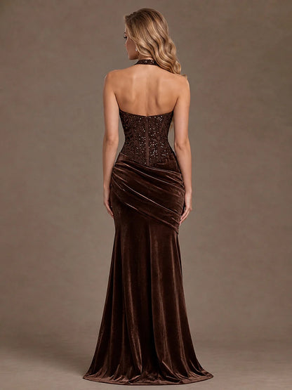 Espresso Sequin and Velvet mermaid halter zipper-back floor-length Dress Back View - Aabei Dress