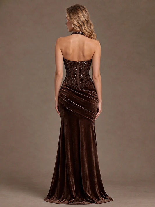 Espresso Sequin and Velvet mermaid halter zipper-back floor-length Dress Back View - Aabei Dress