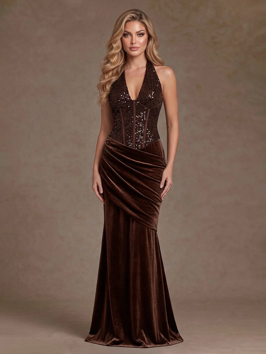 Espresso Sequin and Velvet mermaid halter zipper-back floor-length Dress Front View - Aabei Dress
