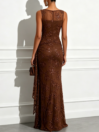 Espresso Sequin Mesh sheath-column boat-neck zipper-back floor-length Dress Back View - Aabei Dress