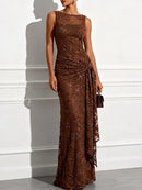 Espresso Sequin Mesh sheath-column boat-neck zipper-back floor-length Dress Front View - Aabei Dress