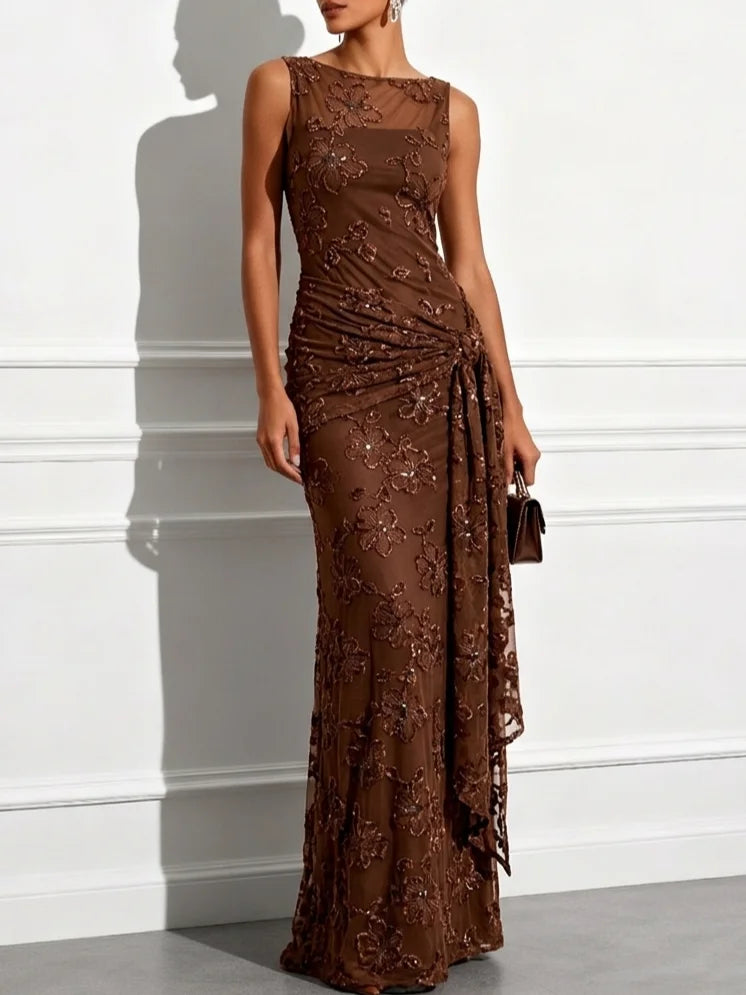 Espresso Sequin Mesh sheath-column boat-neck zipper-back floor-length Dress Front View - Aabei Dress