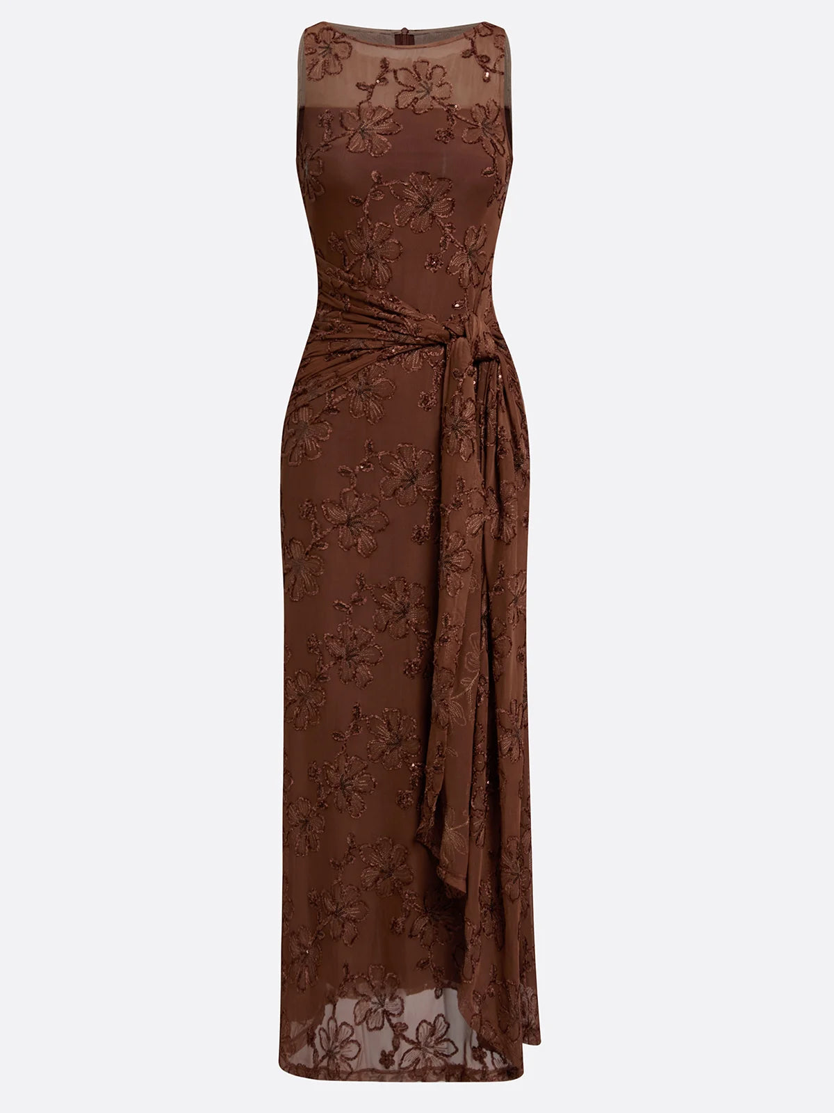Espresso Sequin Mesh sheath-column boat-neck zipper-back floor-length Dress - Aabei Dress