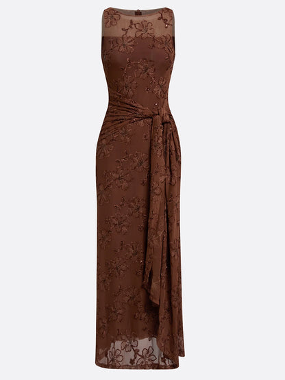 Espresso Sequin Mesh sheath-column boat-neck zipper-back floor-length Dress - Aabei Dress
