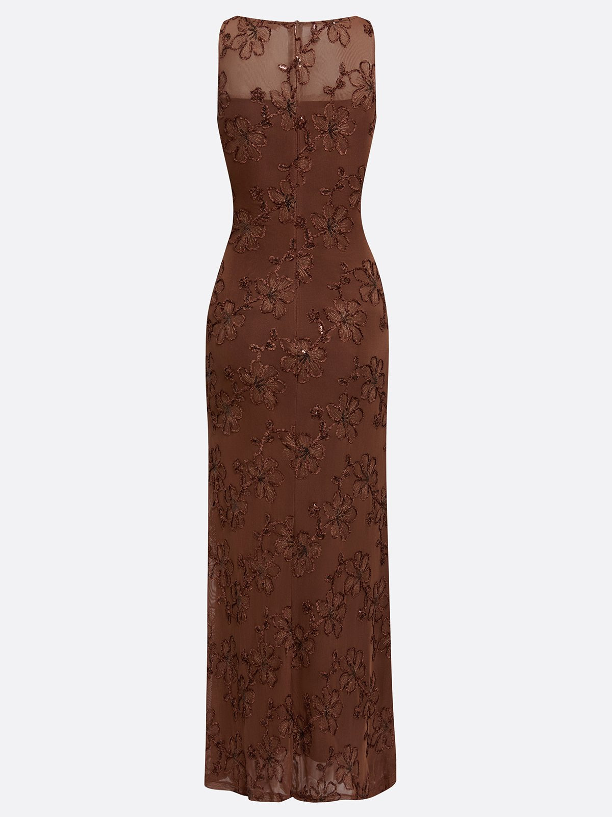 Espresso Sequin Mesh sheath-column boat-neck zipper-back floor-length Dress - Aabei Dress