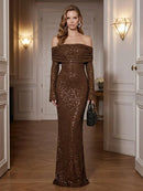 Espresso Sequin sheath-column off-the-shoulder zipper-back floor-length Dress Front View - Aabei Dress