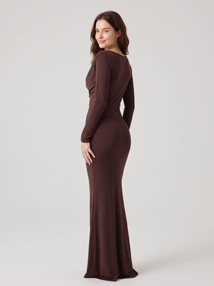 Espresso Stretch Knit Sheath Column Cowl Neck High Back Floor-Length Dress Back View - Aabei Dress
