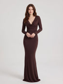Espresso Stretch Knit Sheath Column Cowl Neck High Back Floor-Length Dress Front View - Aabei Dress