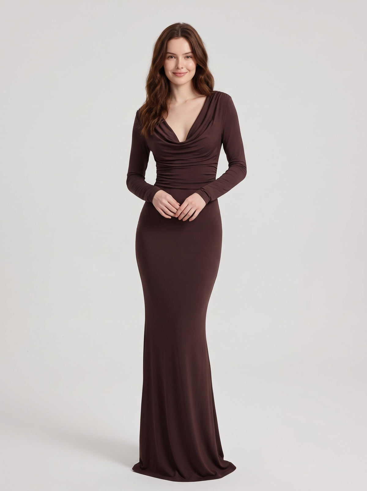 Espresso Stretch Knit Sheath Column Cowl Neck High Back Floor-Length Dress Front View - Aabei Dress