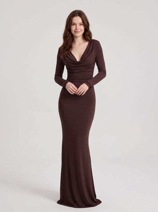 Espresso Stretch Knit Sheath Column Cowl Neck High Back Floor-Length Dress Front View - Aabei Dress