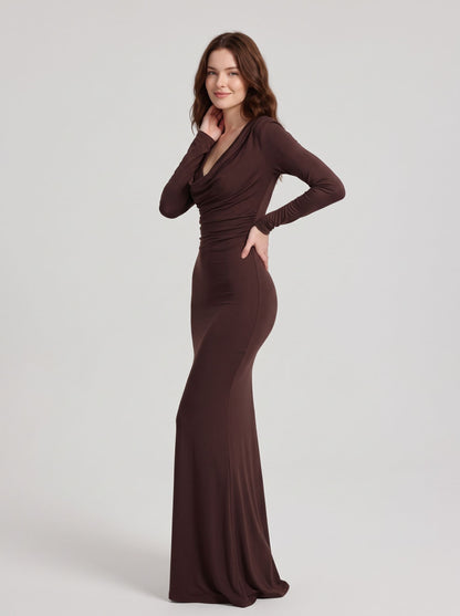 Espresso Stretch Knit Sheath Column Cowl Neck High Back Floor-Length Dress - Aabei Dress