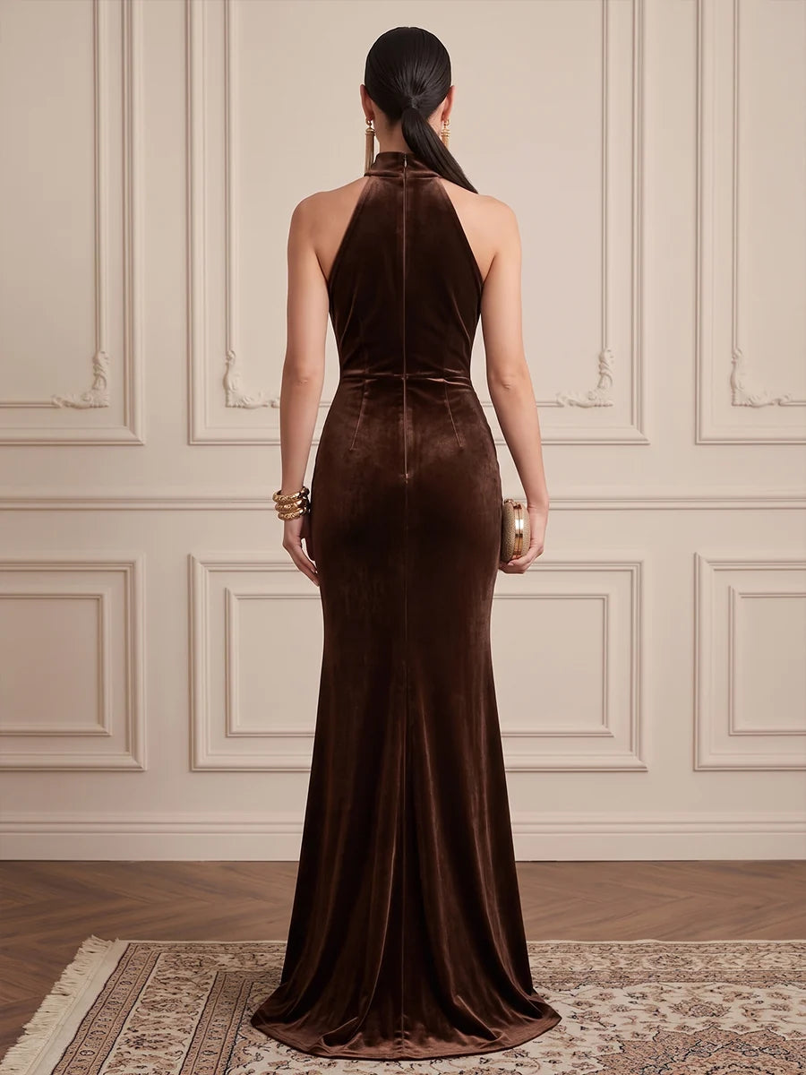 Espresso Velvet Mermaid Halter Zipper Back Floor-Length Dress Back View - Aabei Dress