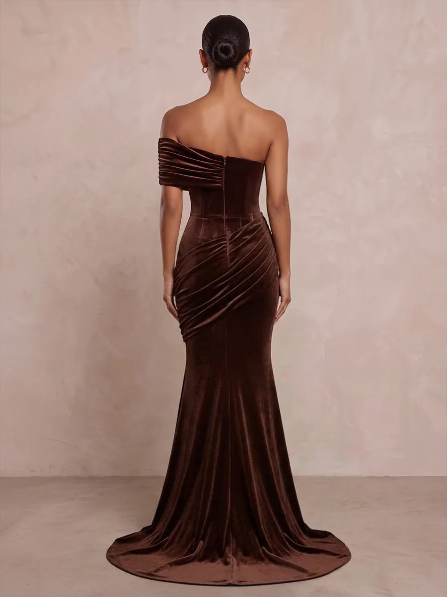 Espresso Velvet Mermaid One Shoulder Zipper Back Floor Length Dress Back View - Aabei Dress