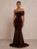 Espresso Velvet Mermaid One Shoulder Zipper Back Floor Length Dress Front View - Aabei Dress