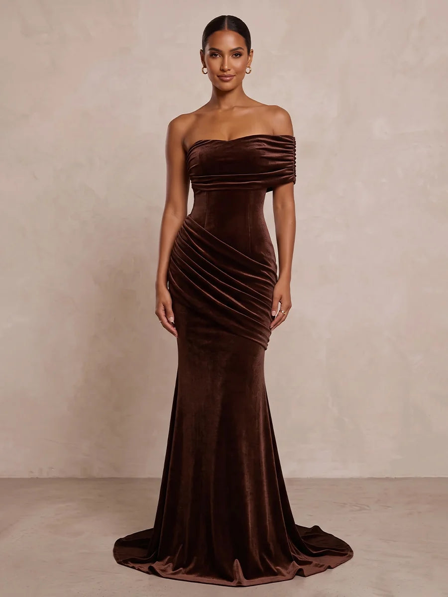 Espresso Velvet Mermaid One Shoulder Zipper Back Floor Length Dress Front View - Aabei Dress