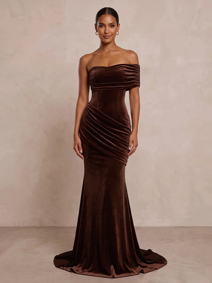 Espresso Velvet Mermaid One Shoulder Zipper Back Floor Length Dress Front View - Aabei Dress