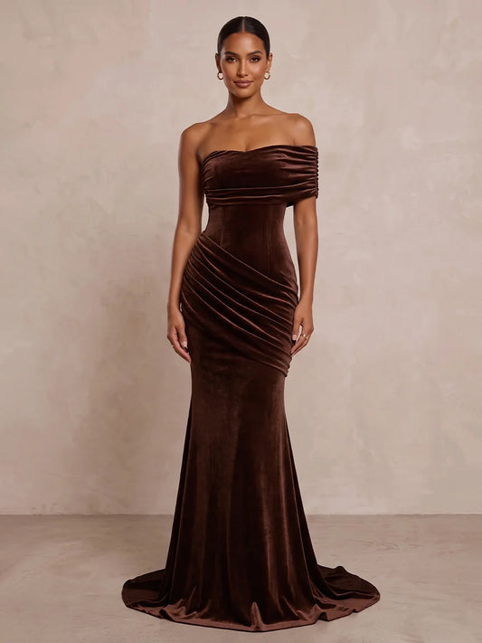 Espresso Velvet Mermaid One Shoulder Zipper Back Floor Length Dress Front View - Aabei Dress