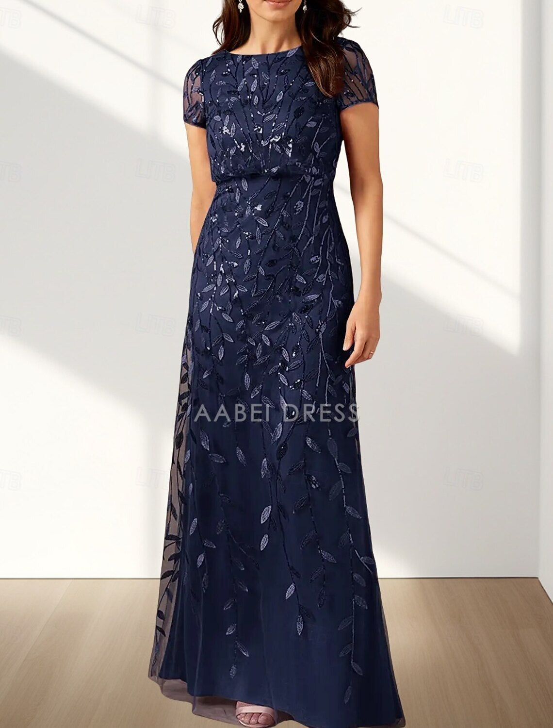 AABEI DRESS Wedding Guest Dress Elegant A-Line Crew Neck Short Sleeve Lace Floor Length Mother of the Bride Dress