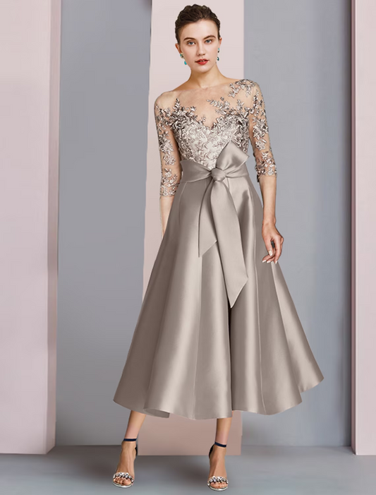 Two Piece A-Line Mother of the Bride Dress Formal Church Party Elegant Scoop Neck Tea Length Satin Lace Half Sleeve with Appliques