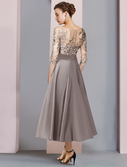 Two Piece A-Line Mother of the Bride Dress Formal Church Party Elegant Scoop Neck Tea Length Satin Lace Half Sleeve with Appliques