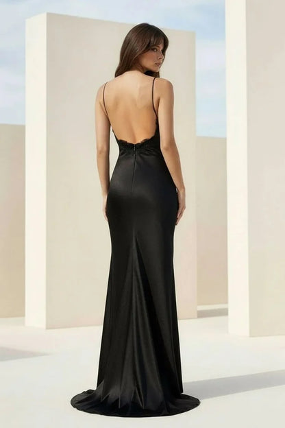 Black Spaghetti Strap Satin Mermaid Prom Dress V Neck Lace Trim Low Back Gown