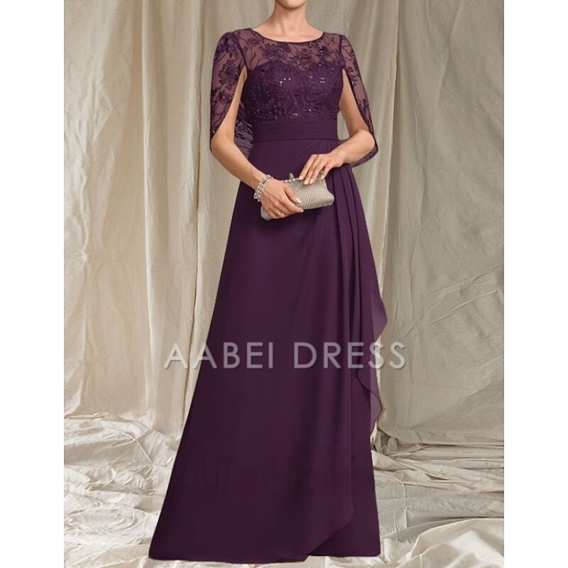 AABEI DRESS Wedding Guest Dress Elegant A-Line Crew Neck Lace Short Sleeve Ruching Floor Length Fashion Mother of the Bride Dress