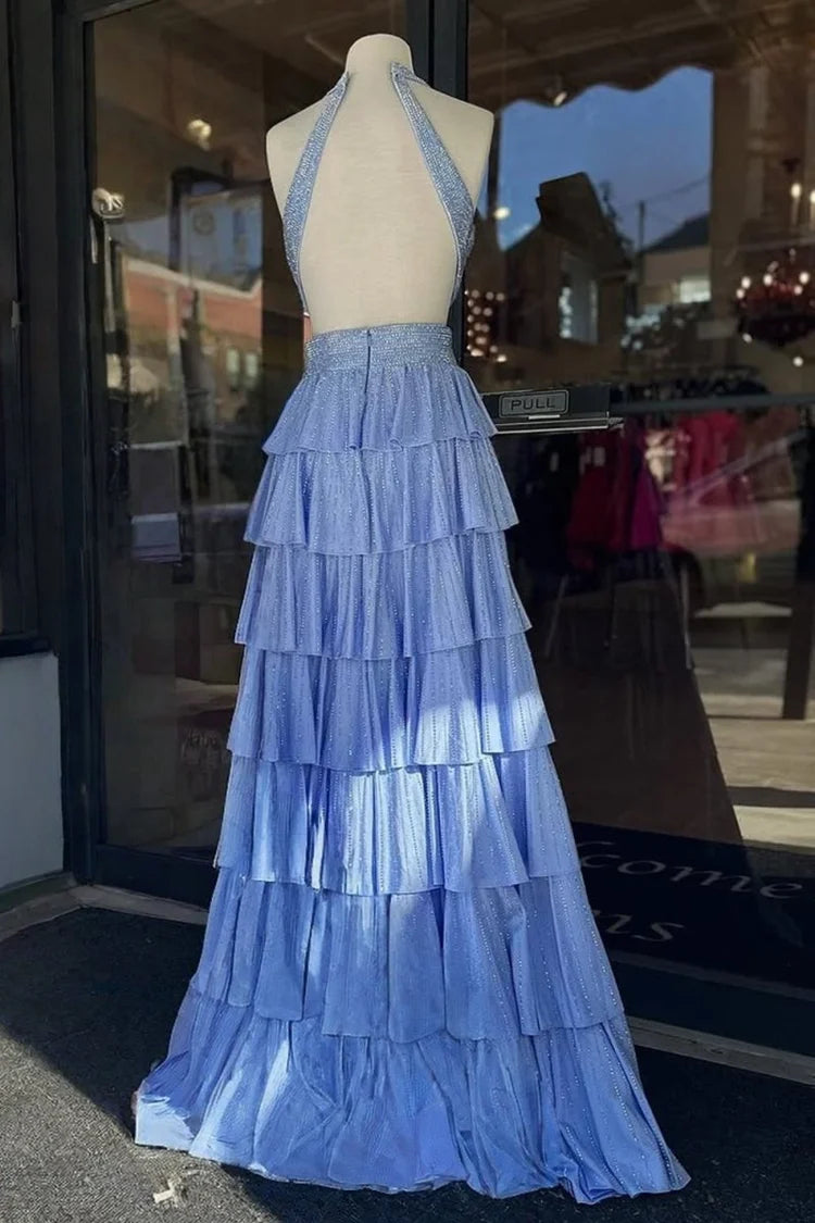 Light Blue Halter A-Line Glitter Prom Dress Deep V Tiered Ruffle Open Back Gown