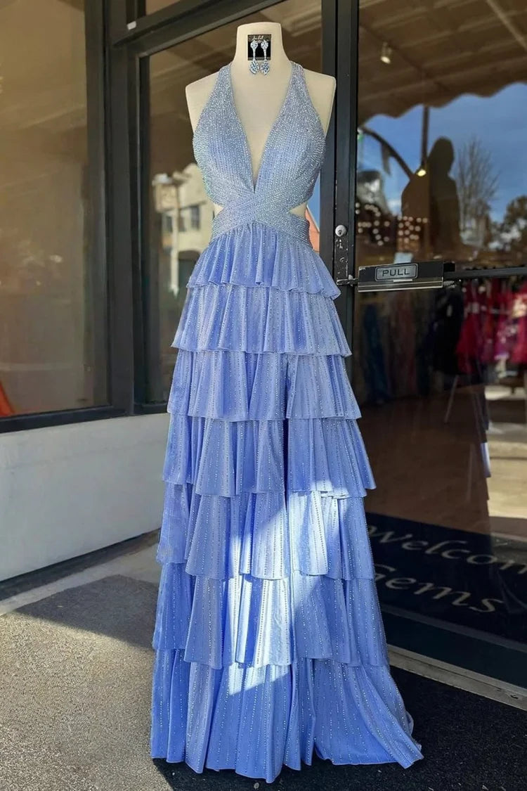 Light Blue Halter A-Line Glitter Prom Dress Deep V Tiered Ruffle Open Back Gown