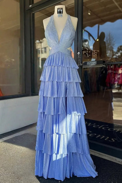 Light Blue Halter A-Line Glitter Prom Dress Deep V Tiered Ruffle Open Back Gown