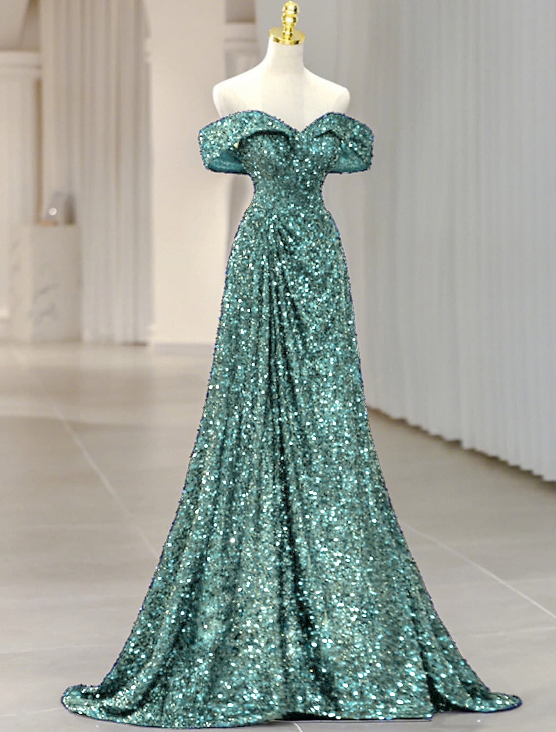 A-Line Evening Gown Sparkle & Shine Dress Formal Wedding Guest Sweep / Brush Train Sleeveless Off Shoulder Sequined with Glitter Sequin