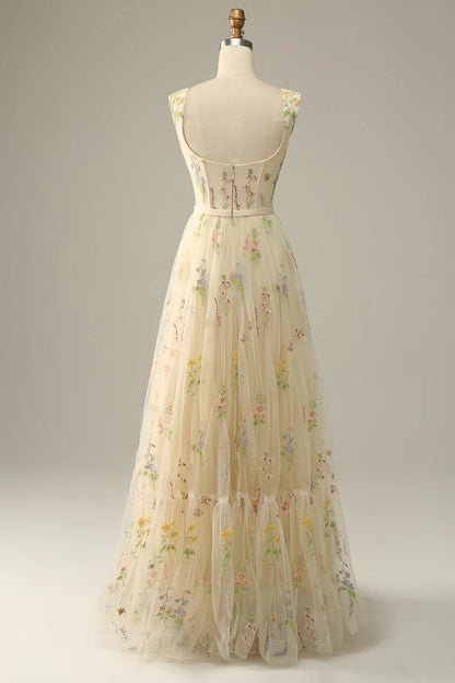 Prom Dress A-Line Square Neck Lace Embroidered Unique Luxury Formal Wear Dresses