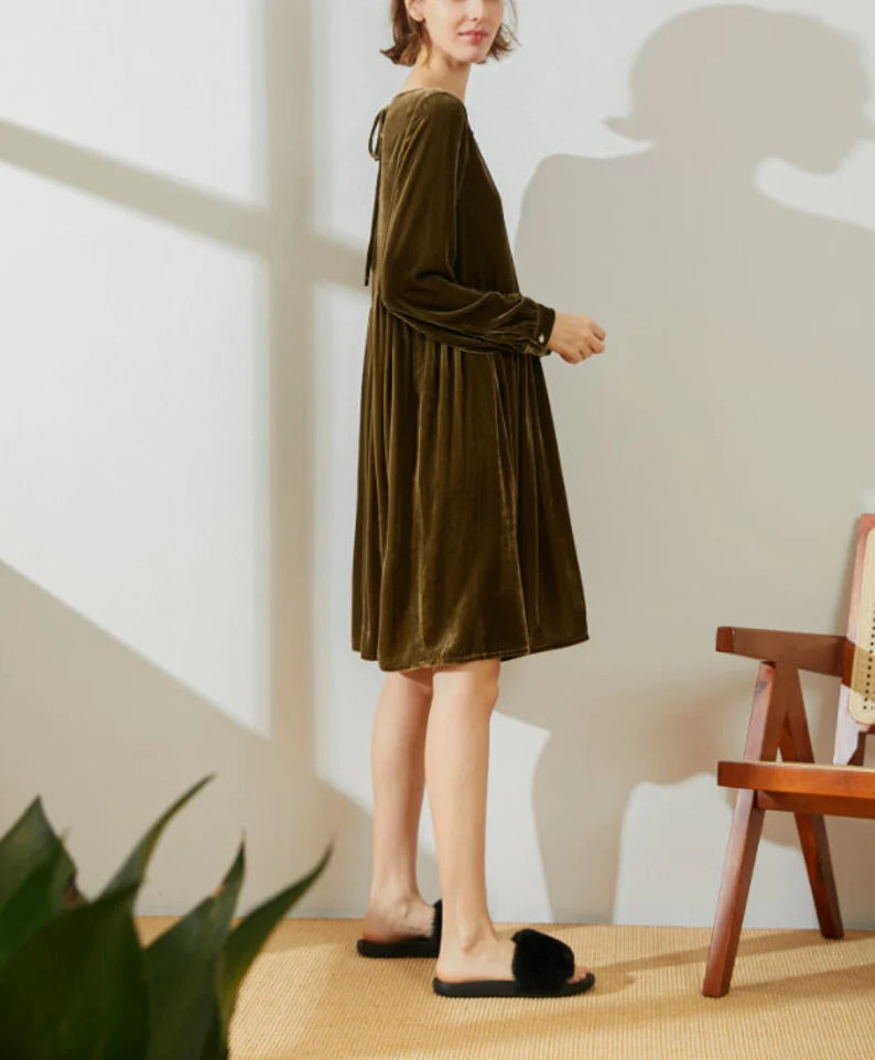 Evening  Dress Velvet Dress for Women Long Sleeves Dress knee length Dress Loose Dress Custom Hand Made Dress Velvet Pleated Dress Plus Size Formal Dresses Wedding Guest Dress