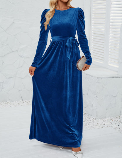 Evening Dress Women's Velvet Maxi Dress Long Puff Sleeve Crew Neck Formal Wear Dresses Wedding Guest Dress
