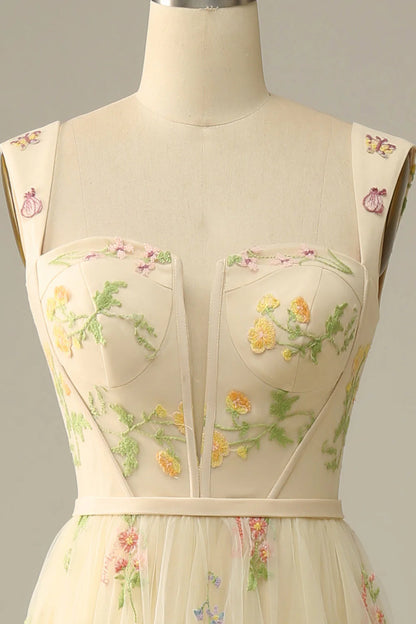 Prom Dress A-Line Square Neck Lace Embroidered Unique Luxury Formal Wear Dresses