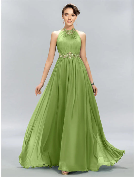 A-Line Minimalist Sparkle Wedding Guest Formal Evening Dress Halter Neck Sleeveless Floor Length Chiffon with Pleats Crystals