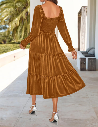 Evening Dress Women’s Velvet Long Sleeve Dresses Square Neck Ruffle A Line Flowy Midi Dress with Pockets Formal Wear Dresses Wedding Guest Dress
