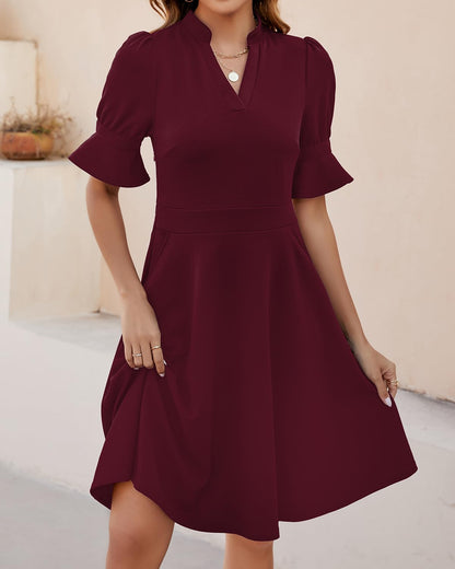 Evening Dress Womens V Neck Ruffle Short Sleeve Fit and Flare Knee Length Dresses with Pockets Formal Wear Dresses Wedding Guest Dress