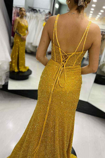 Prom Dress V Neck Spaghetti Strap Mermaid Sequin High Slit Evening Gowns Ball Gown Long Formal Wear Dresses