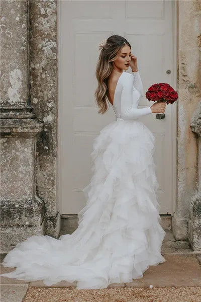 A-Line/Princess Tulle Ruffles Scoop Long Sleeves Sweep/Brush Train Wedding Dresses