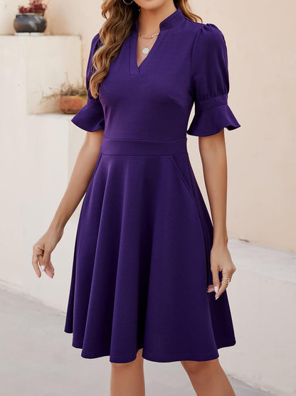 Evening Dress Womens V Neck Ruffle Short Sleeve Fit and Flare Knee Length Dresses with Pockets Formal Wear Dresses Wedding Guest Dress