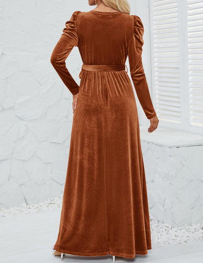 Evening Dress Women's Velvet Maxi Dress Long Puff Sleeve Crew Neck Formal Wear Dresses Wedding Guest Dress