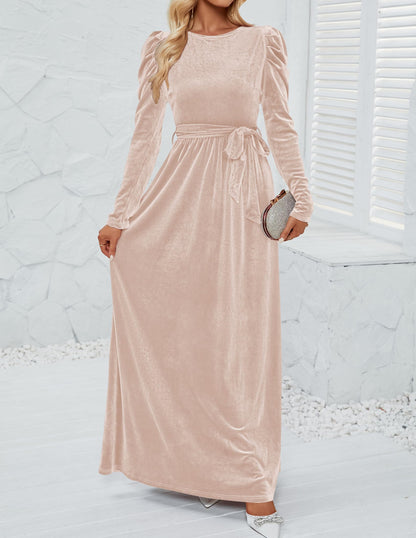 Evening Dress Women's Velvet Maxi Dress Long Puff Sleeve Crew Neck Formal Wear Dresses Wedding Guest Dress