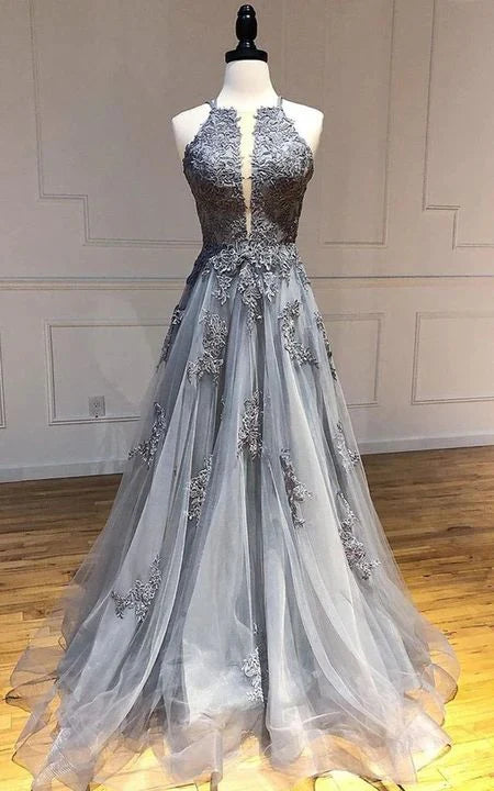 Evening Dresses A Line Lace Tulle Long Backless Elegant Formal Dresses