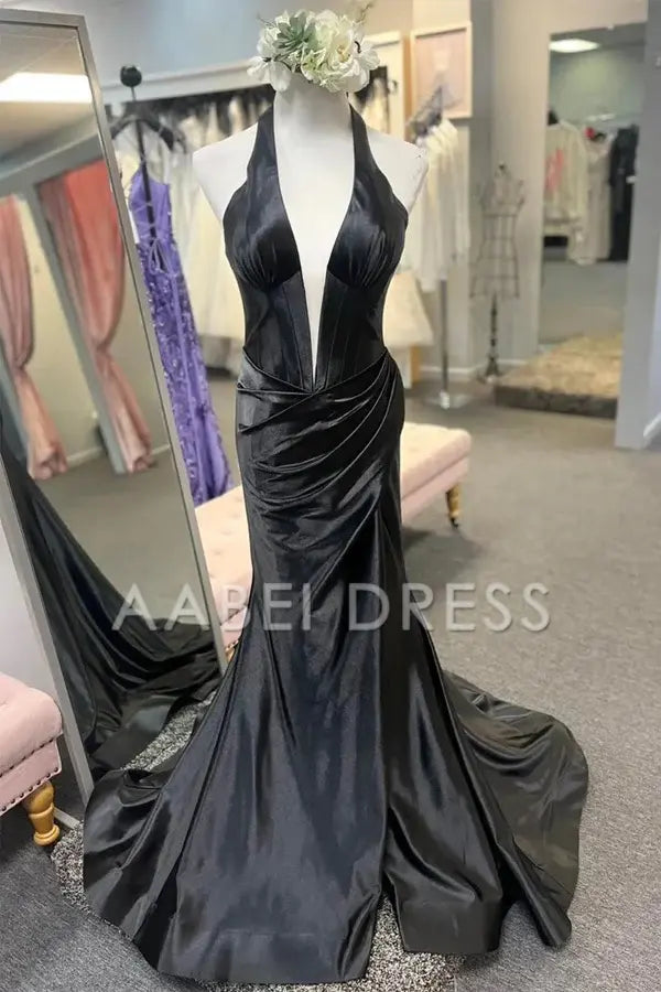 AABEI DRESS Prom Dress Charming Halter Sleeveless Mermaid Pleated Backless Long with Slit Formal Dress