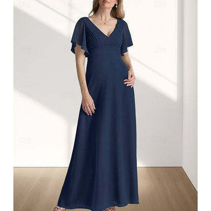 AABEI DRESS Wedding Guest Dress Elegant A-Line V Neck Floor Length Chiffon Short Sleeve with Ruching Simple Mother of the Bride Dress